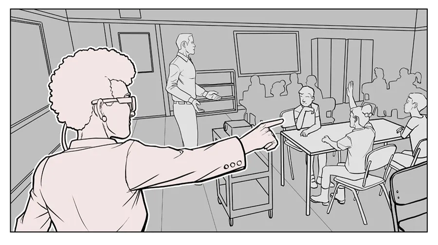 Storyboard sketch: an observer wearing AR glasses points toward a student in a classroom while the teacher leads the lesson