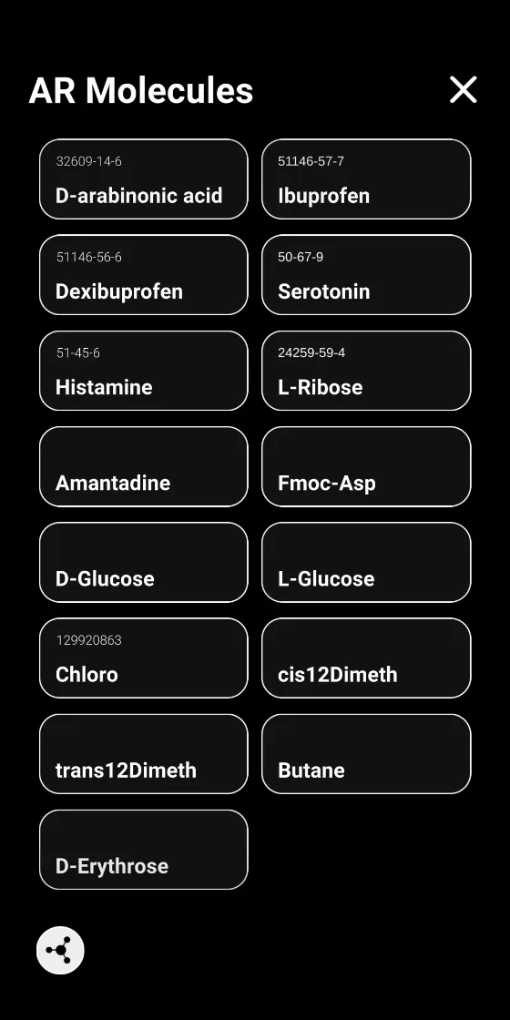 AR Molecules list: fifteen molecules including D- and L-glucose, ibuprofen and dexibuprofen, serotonin, histamine and cis/trans dimethyl isomers