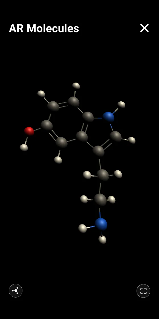 A ball-and-stick 3D model of serotonin, with carbon, hydrogen, nitrogen and oxygen atoms, ready to rotate